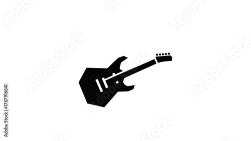 A monochrome illustration of a six-stringed electric guitar in a simple, geometric design