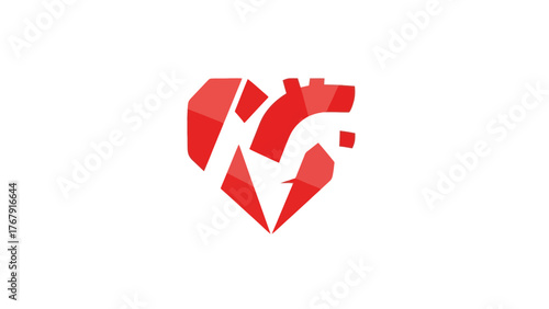 A geometric red heart shape constructed from fragmented, angled shapes, on a plain white background