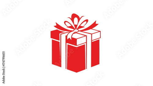 A red illustration of a gift box, complete with a ribbon and bow on a clean white background