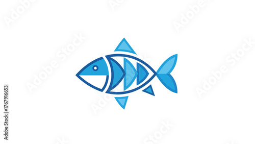 A geometric illustration of a fish. It's blue with various shapes creating the outline and details