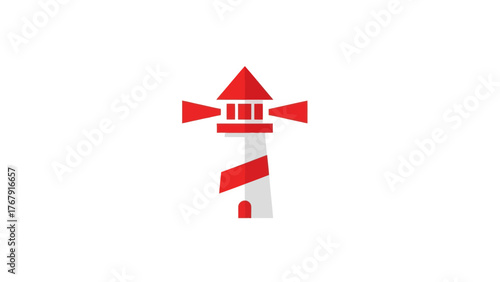 A cartoon lighthouse with a red top, a spiral, and light beams. Simple, minimalist design