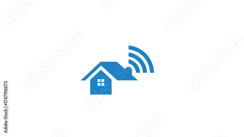 A blue minimalist icon depicting a house with a signal emanating from it on a white background