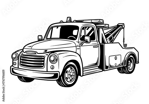 Vintage style black and white illustration of a classic tow truck with a crane, depicted in a detailed line art drawing.