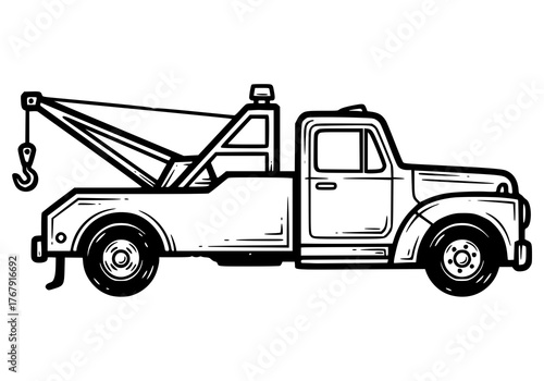 Black and white illustration of a tow truck, designed for vehicle recovery and roadside assistance.