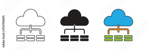 Cloud data center icon connected to server blocks, symbolizing scalable storage, database infrastructure, virtual hosting, and managed cloud computing resources.