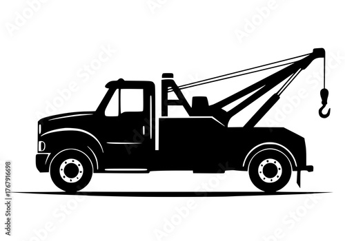 Silhouette of a tow truck with a crane on a white background.