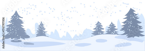 A tranquil winter landscape featuring snow-covered trees and gentle snowfall on a light background. Vector illustration