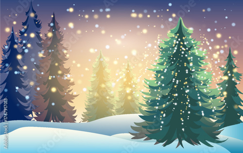 A serene winter forest features tall evergreen trees blanketed in snow, illuminated by soft, sparkling lights. The scene captures the beauty of dusk, creating a peaceful atmosphere