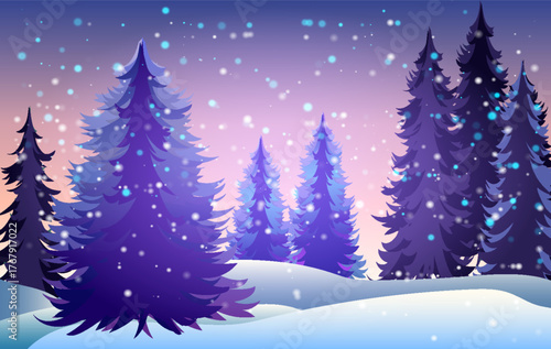 Snowflakes gently fall in a tranquil winter forest filled with tall evergreen trees. The colorful twilight sky creates a serene and magical atmosphere in the landscape