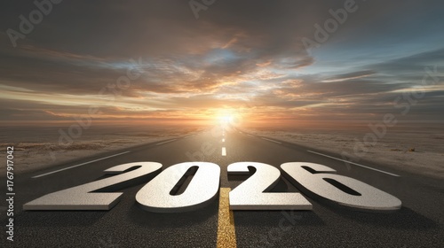 Road to the Future: Vision for 2026 with Sunset and Open Landscape