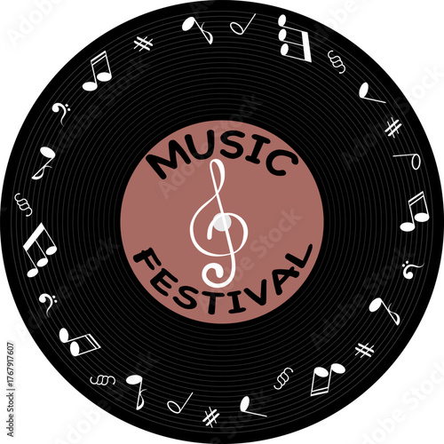 An old music record with lyrics and musical notation.Vector banner with text and music symbols on an old vinyl record.
