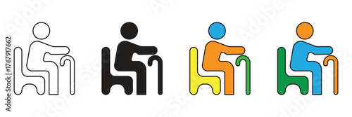 Elderly man sitting icon with a cane, symbolizing senior care, retirement, mobility aid, health assistance, aging process, and pensioner comfort.