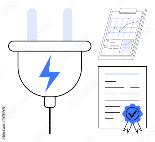 Electric plug with lightning bolt icon, clipboard with analytical chart, and certified contract. Ideal for energy management, sustainability, agreements, certification, innovation, data analysis