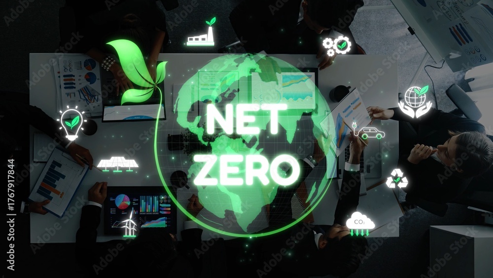Obraz premium A diverse team collaborates around a table, discussing sustainable development and net zero emissions with digital graphics depicting eco-friendly initiatives and technology. Raster