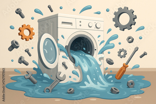 Surreal washing machine overflow with floating gears and wrench in chaotic repair scene