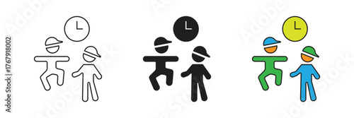 Two children playing icon with a clock, representing group playtime, social activity schedule, time limit, shared fun, and childcare management for kids.