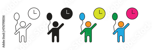 Boy with balloon icon and clock, symbolizing party time, birthday celebration, fun event, scheduled joy, and childhood happiness or playtime activity.
