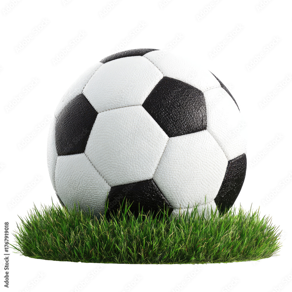 Fototapeta premium Black and white patterned ball sits atop a patch of green grass on a black backdrop