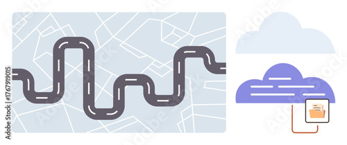 Winding road over abstract map highlights navigation. Cloud with connected document emphasizes storage, technology, and data sharing. Ideal for navigation, technology, planning, connectivity