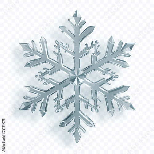 A complex, six-pointed snowflake with sharp, crystalline facets in shades of silver and white with soft shadow on a transparent background. Transparency only in vector format.