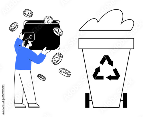 Man holding a large wallet losing coins near a cloud-topped recycling bin symbolizing financial negligence, expense management, or ideas of sustainability. Ideal for eco-friendly finance, waste