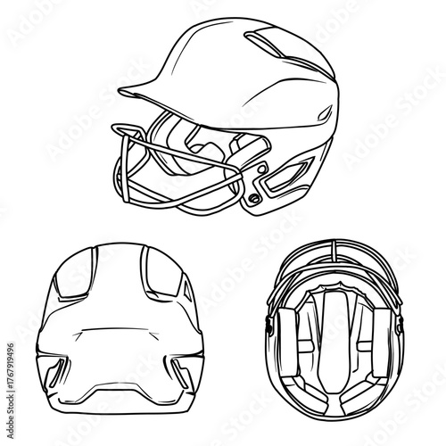 Detailed Line Art of a Softball Helmet from Multiple Angles.