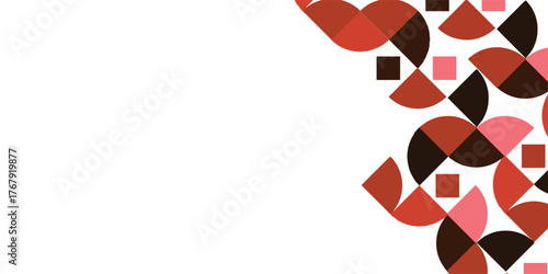 Geometric abstract design featuring a pattern of red, brown, and pink shapes on a white background.