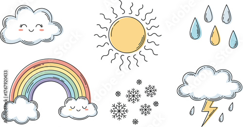 Cute doodle weather set, clouds, sun, rainbow, snow, thunder, and raindrops, sketch vector.
