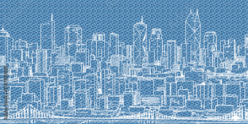Blueprint-style illustration of a cityscape featuring numerous skyscrapers and buildings, detailed and intricate.