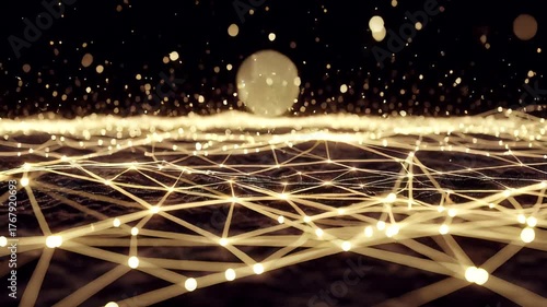 Abstract representation of interconnected golden lines and particles in a dark space