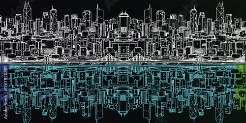 A detailed illustration of a futuristic cityscape with a reflective surface and vibrant colors.