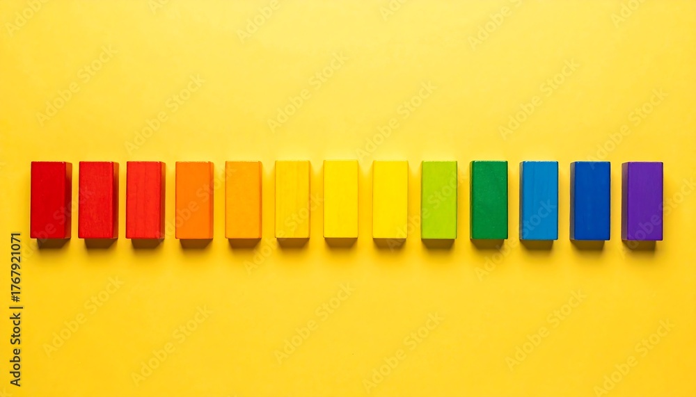 Fototapeta premium Brightly colored blocks form perfect line, symbolizing order and structure on yellow