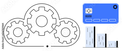Cloud with three interlocking gears, blue digital payment card, and bar chart representing innovation. Ideal for technology, cloud computing, fintech, analytics, automation, data management digital