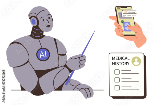 Human-thumbs up AI robot holding a pointer, a medical history form, and a mobile health app interface. Ideal for healthcare, AI diagnostics, telemedicine, innovation, automation, education and data
