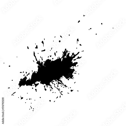 A striking black ink splat or grunge paint splash provides a dynamic texture and design element