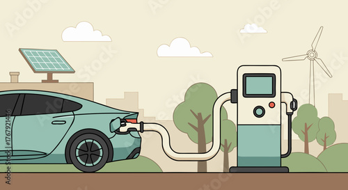 Sustainable electric vehicle charging station powered by renewable solar and wind energy with an eco-friendly car plugged in