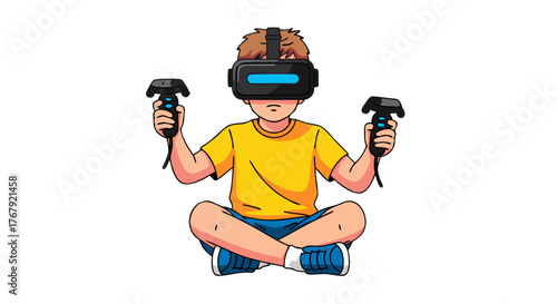 Young person wearing a virtual reality headset and holding controllers, immersed in a digital world, exploring new experiences and gaming