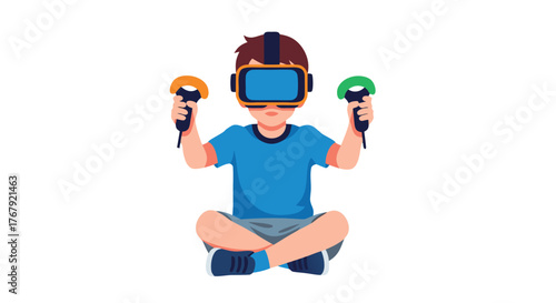 Young person wearing a virtual reality headset and holding controllers, immersed in a digital world with futuristic technology and gaming