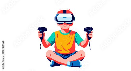 Young boy engrossed in virtual reality, exploring a digital world with immersive headset and controllers for interactive gaming and entertainment experiences