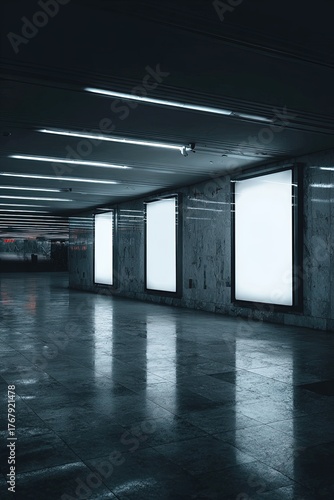Empty Billboards In A Dark Subway Tunnel