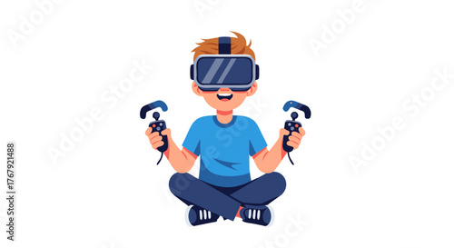 A young person engrossed in a virtual reality experience, wearing a headset and holding controllers for an immersive digital adventure