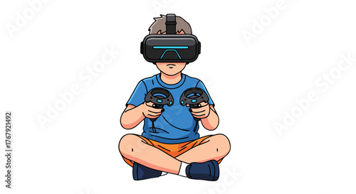 Young child experiencing virtual reality with immersive headset and controllers, exploring digital worlds