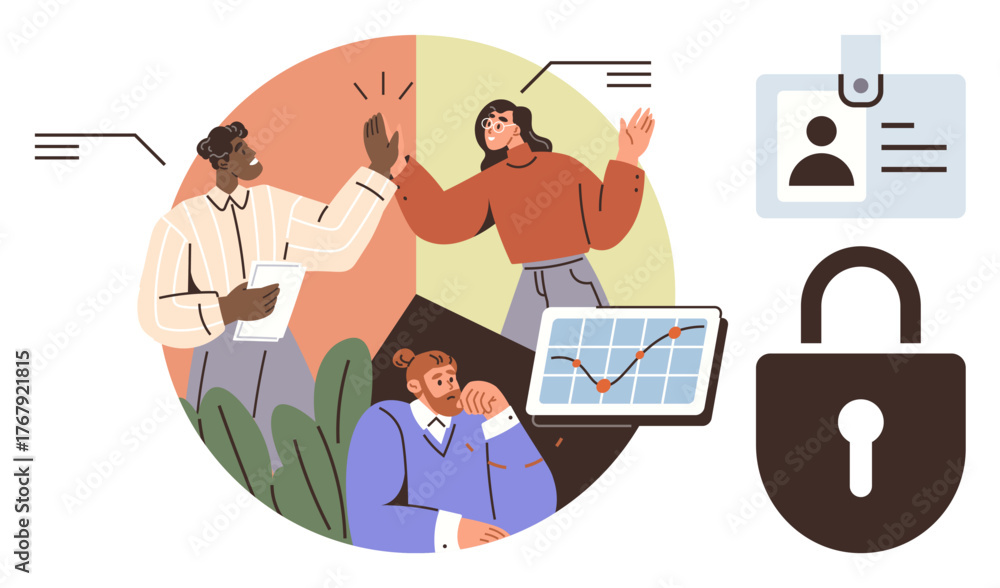 Fototapeta premium Diverse team brainstorming with tablet and graph, celebrating success. ID badge and lock highlight data security, identity, and trust. Ideal for teamwork, technology, identity, security