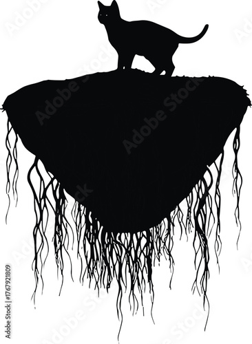 Cat on floating land silhouette cartoon illustration, symbolic solitude and expressive surreal nature artwork for design and storytelling