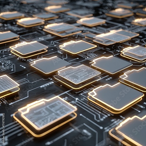 Abstract Circuit Board With Glowing Chips