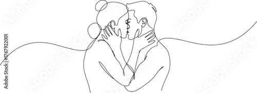 Couple kissing continuous line art cartoon illustration, symbolic intimacy and expressive emotional connection artwork for design and lifestyle
