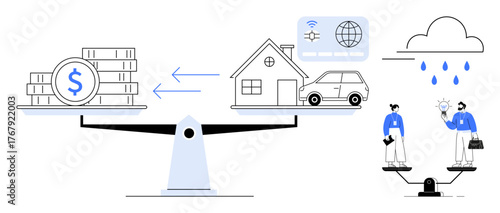 Scales balancing money with house, car, and technology two people on seesaw under cloud and rain. Ideal for economy, sustainability, decision-making, trade-offs, real estate, finance simple flat