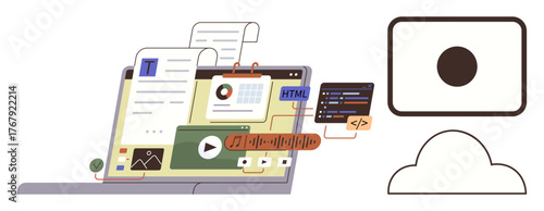Laptop showcasing multimedia files, coding elements, text editing, music production, and charts nearby cloud icon. Ideal for web development, design, productivity, communication media e-commerce