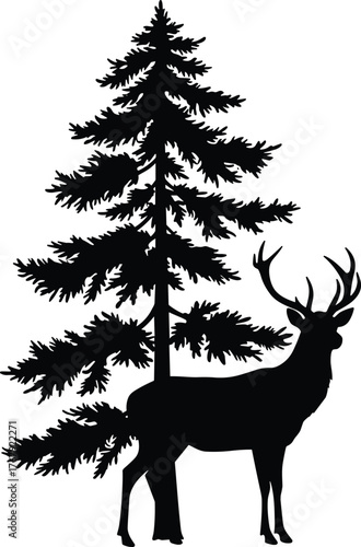 Deer and pine tree silhouette cartoon illustration, symbolic wilderness and expressive forest harmony artwork for design and nature education