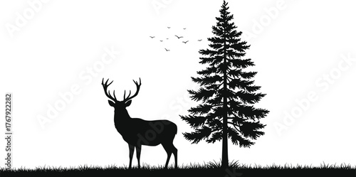 Deer, pine tree, and birds silhouette cartoon illustration, symbolic wilderness and expressive nature harmony artwork for design and education
